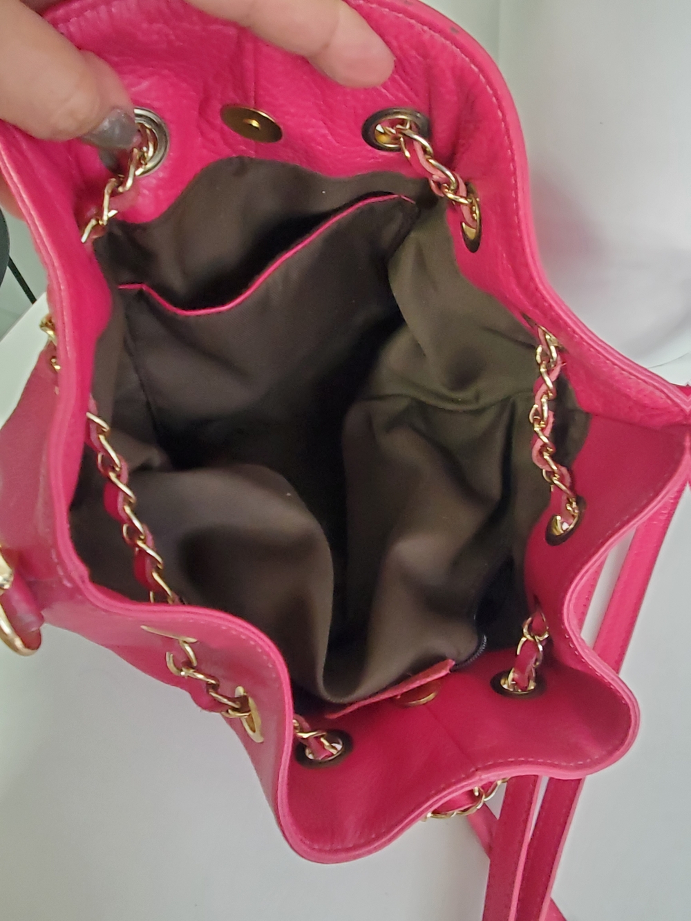 Hot Pink Pebbled Leather Mini Drawstring Bucket Bag with Gold Chain - Picture 5 of 7